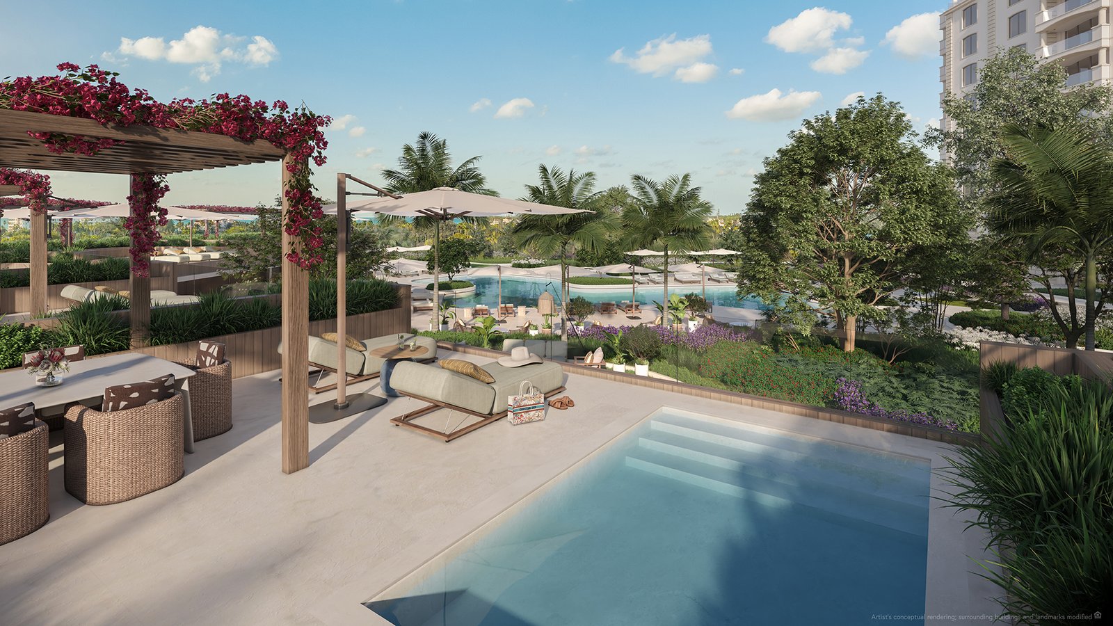 Elegant outdoor lounge area with poolside seating, pergola adorned with vibrant flowers, lush greenery, and a serene swimming pool, located at Fisher Island Residences.