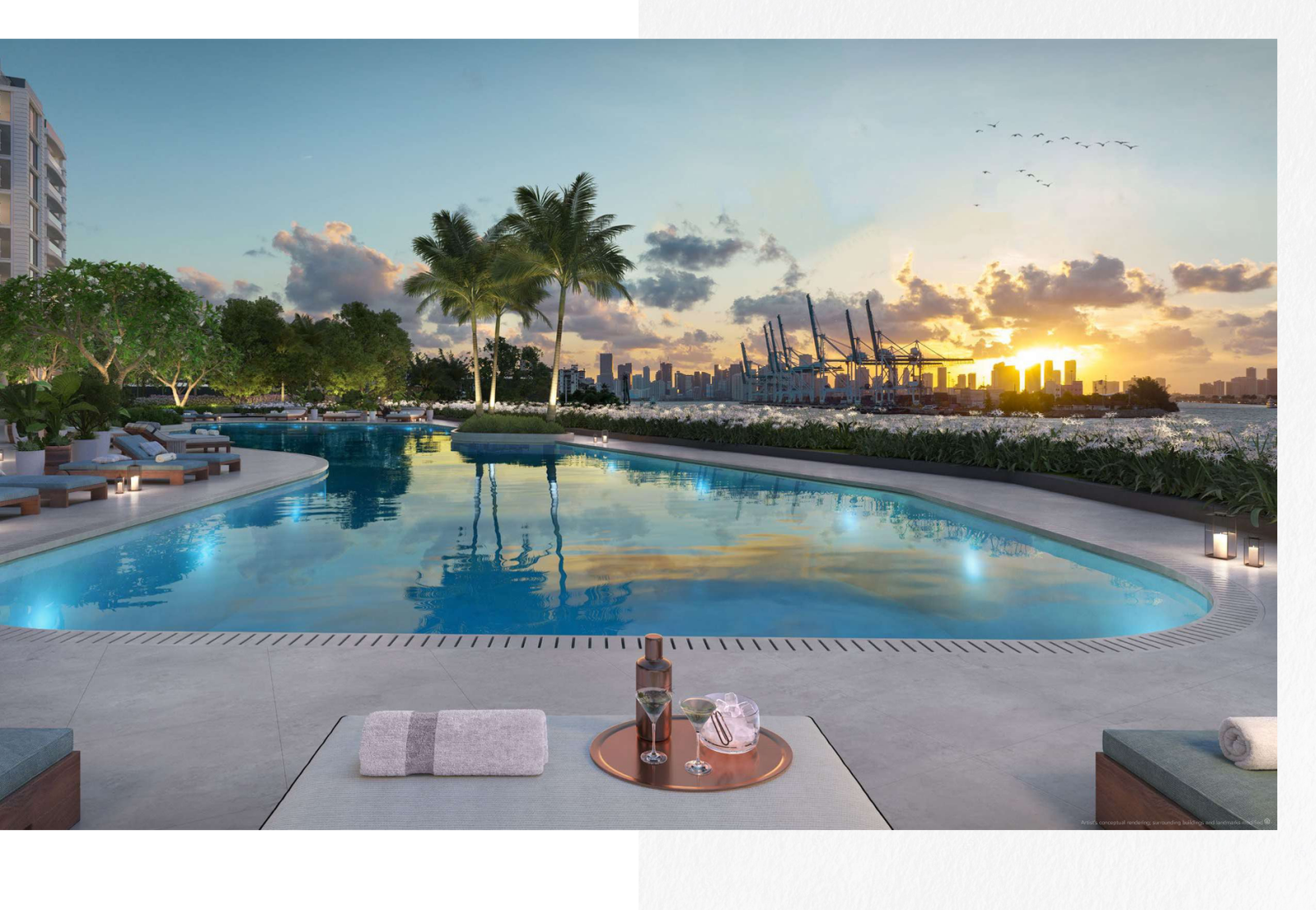 waterfront swimming pool at 6 Fisher Island Residences, offering serene views of the sunset, lush greenery, and the Miami skyline.