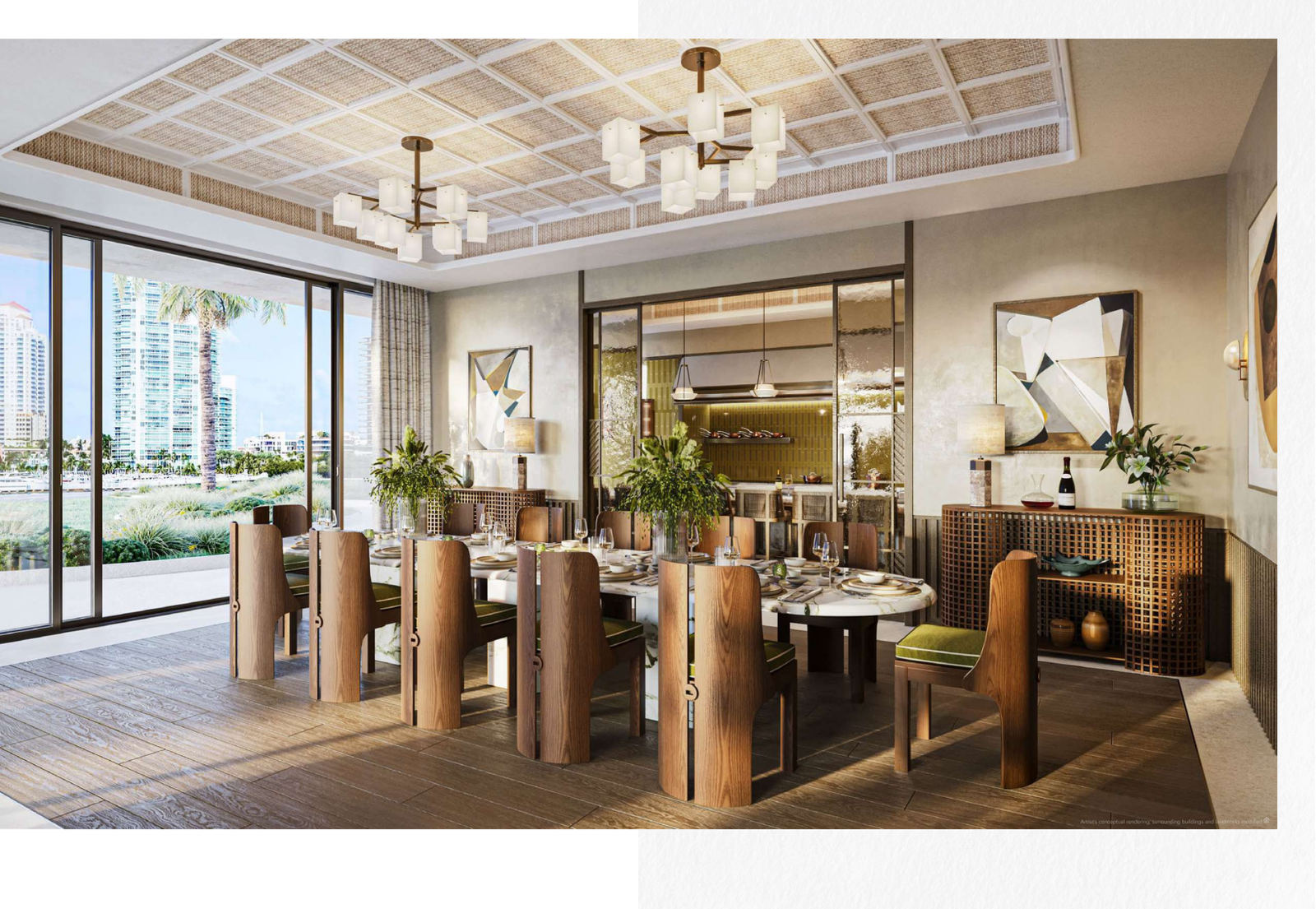 Elegant boardroom at Six Fisher Island Residences with modern decor, large dining table, and views of palm trees and a city skyline, showcasing amenities for executive meetings and corporate events.