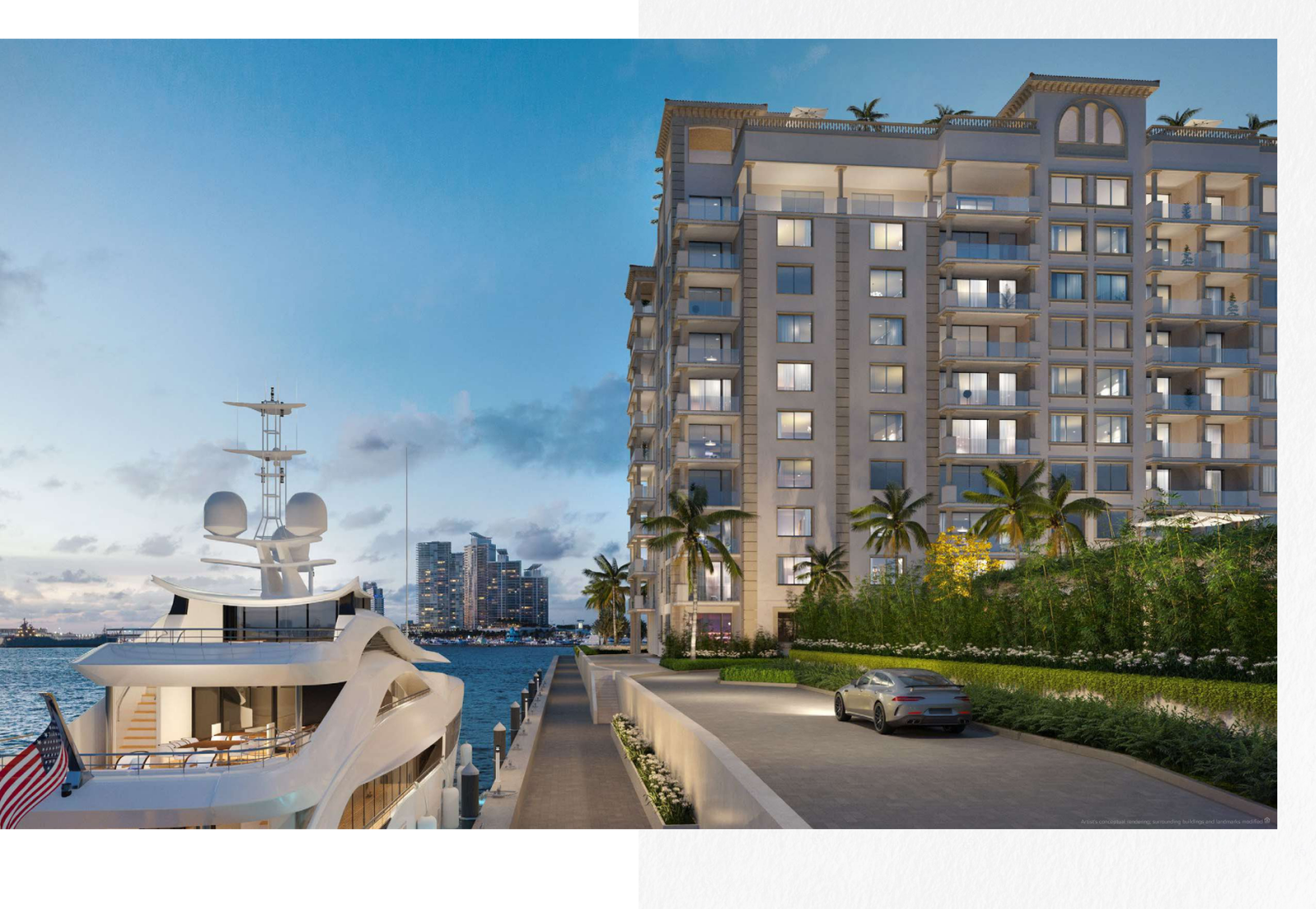 Luxury residence building with greenery, palm trees, a yacht, and city skyline, highlighting amenities like spa, fitness center, and family recreation.