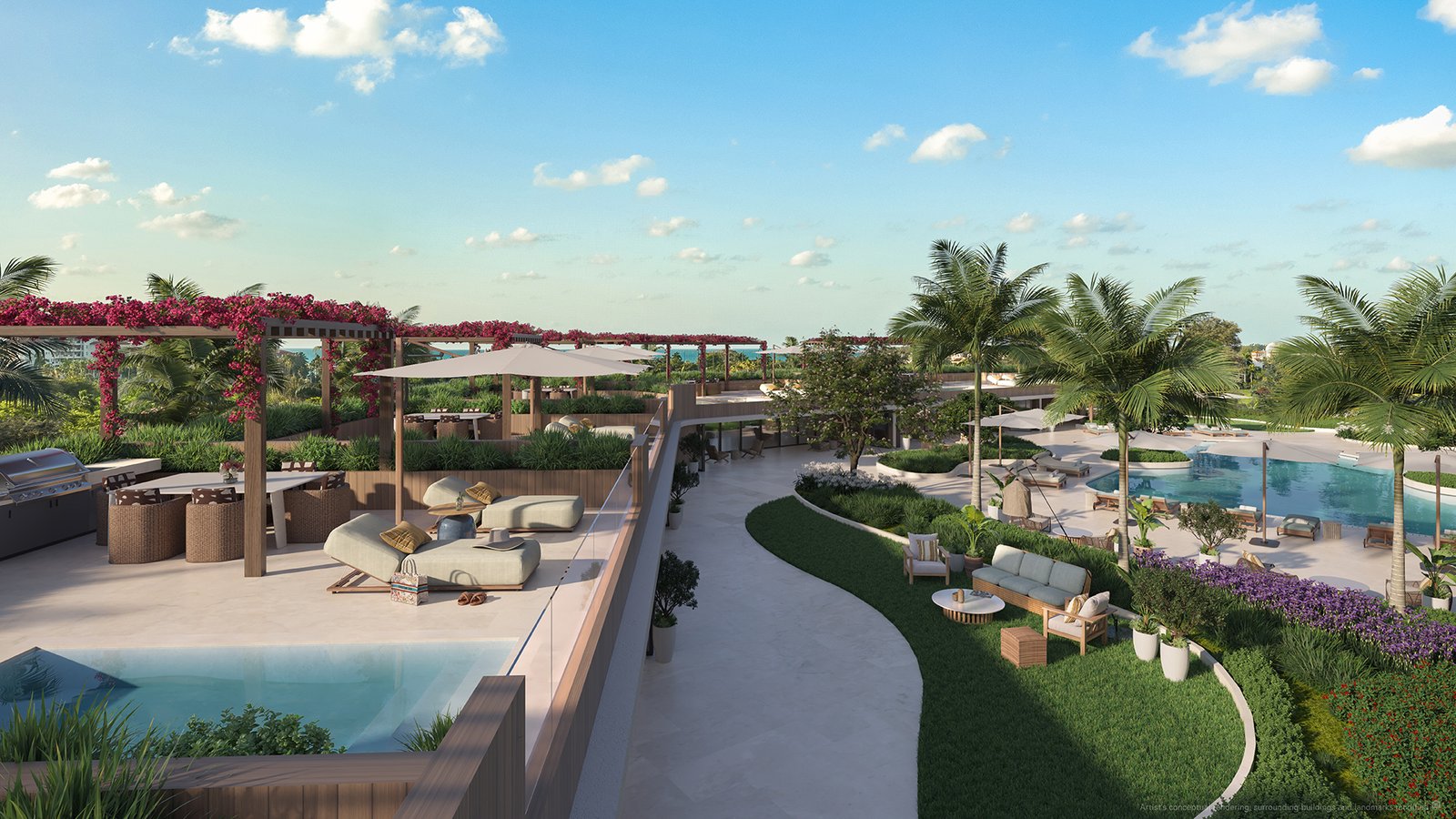 Six Fisher Island Residences waterfront swimming pool with luxurious sunbeds, cabanas, and stunning views of Miami.